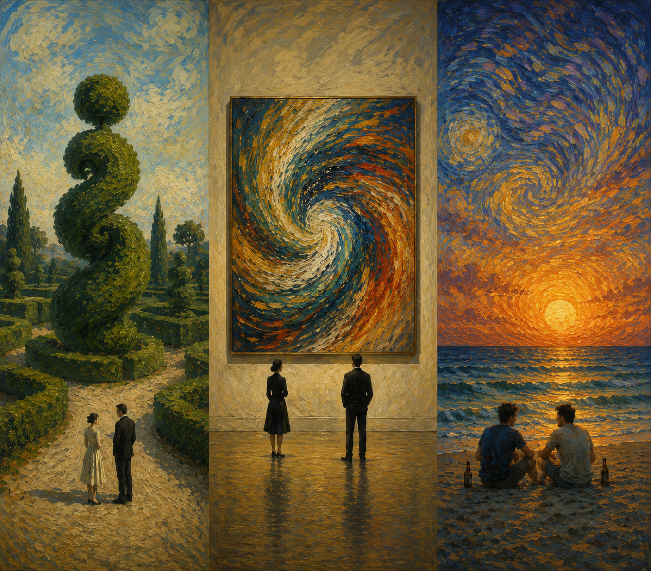 Triptych showing a topiary garden, an abstract painting in a gallery, and two men watching a beach sunset.