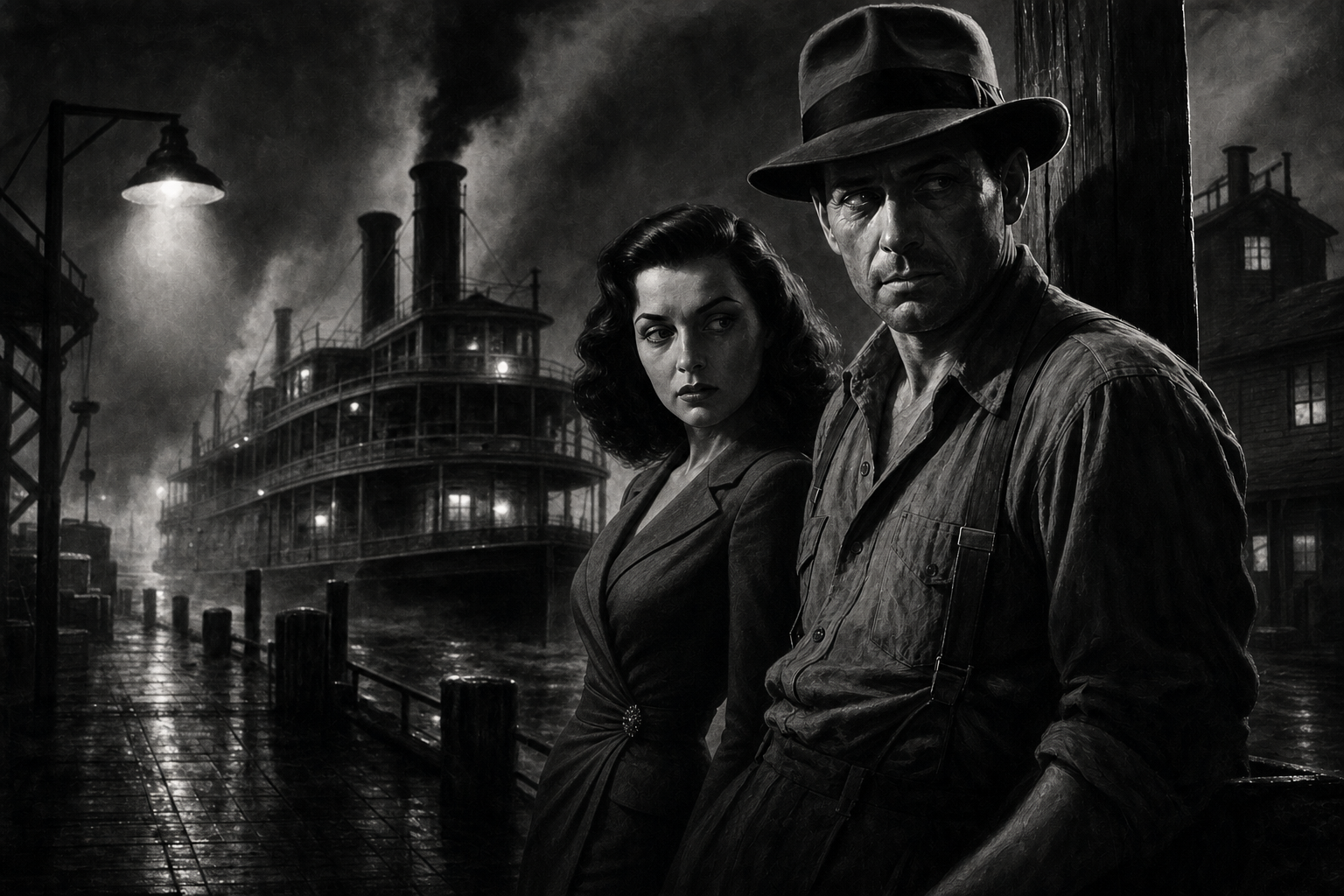 Black-and-white film noir illustration of two figures beside a steamboat on a foggy waterfront