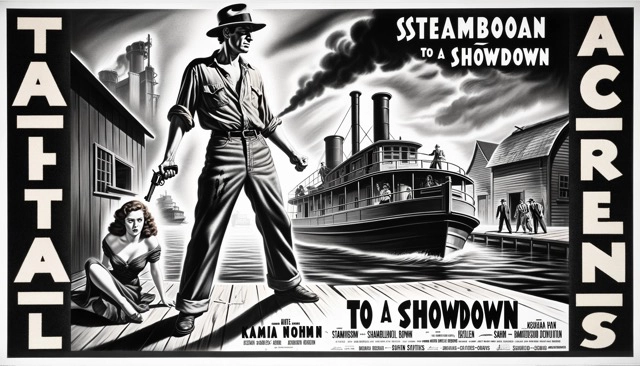 AI film poster mockup in film noir style with riverboat scene and bold graphics